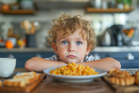 Cute little boy refusing to food at table healthy eating habits conceptの素材