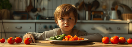 Cute little boy refusing to eat vegetables salad at table healthy eating habits conceptの素材