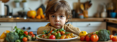 Cute little boy refusing to eat vegetables salad at table healthy eating habits conceptの素材