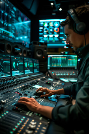 Man wearing headphones edits video at the computerの素材