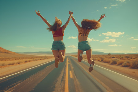 two friends jumping on a highway in the desert Wonder and Joy conceptの素材