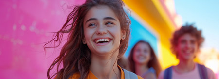 young different ethnics teens laughing and walking together Wonder and Joy conceptの素材