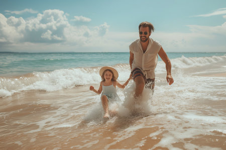 Father and son running together at the sea Wonder and Joy conceptの素材
