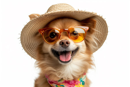 happy dog wearing beach hat and glasses Wonder and Joy conceptの素材