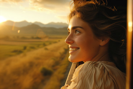 Happy smiling woman looks out from window traveling Wonder and Joy conceptの素材
