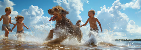 Children happily chase dogs in the sea. Wonder and Joy conceptの素材