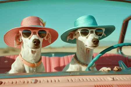 two greyhounds go surfing in the hats on an old coupe.Wonder and Joy conceptの素材
