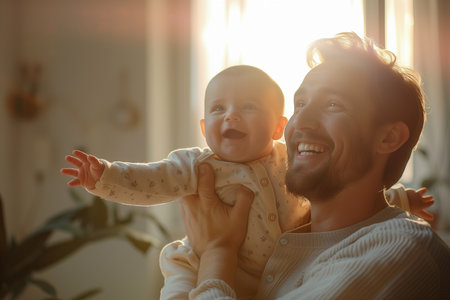 Father and son hug each other at home Wonder and Joy conceptの素材