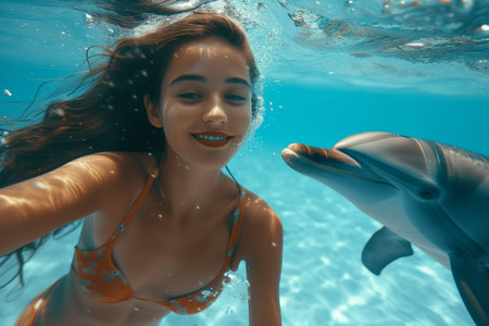 Selfie photo a woman swimming underwater with a neutral expression, to his right a dolphin Wonder and Joy conceptの素材