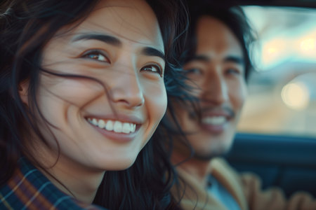 A happy man and his wife, smiling, travelling in a car Wonder and Joy conceptの素材