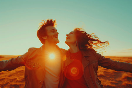 Happy couple having fun together outdoor Wonder and Joy conceptの素材