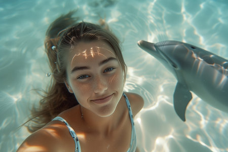Selfie photo a woman swimming underwater with a neutral expression, to his right a dolphin Wonder and Joy conceptの素材