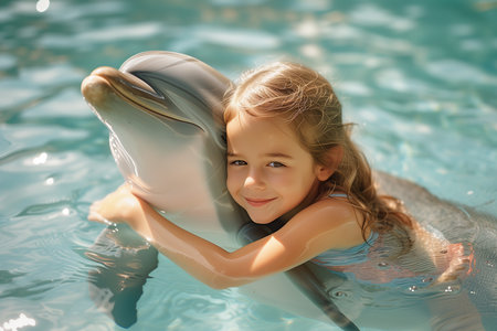 girl sits on a dolphin splashing with water Wonder and Joy conceptの素材