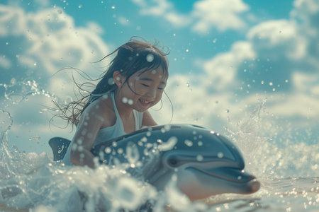 Chinese girl sits on a dolphin splashing with water Wonder and Joy conceptの素材