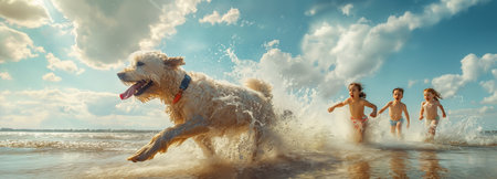 Children happily chase dogs in the sea. Wonder and Joy conceptの素材