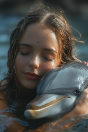 girl sits on a dolphin splashing with water Wonder and Joy conceptの素材