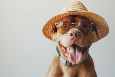 happy dog wearing beach hat and glasses Wonder and Joy conceptの素材