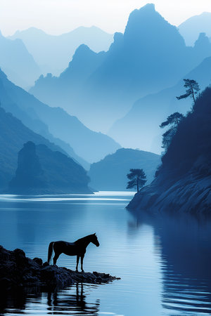 horse silhouette on a mountain range, blue skyの素材