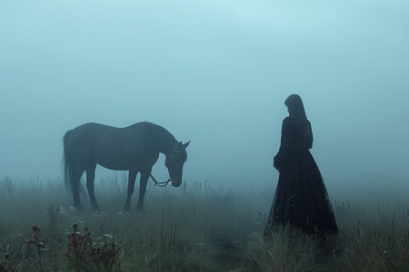 a woman near a horse that is in this foggy eveningの素材