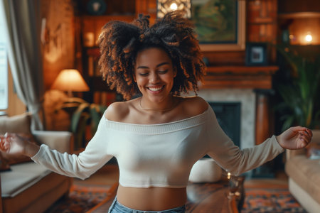 a young woman dancing in her living roomの素材
