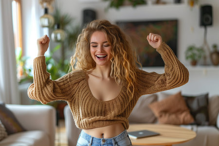 a young woman dancing in her living roomの素材