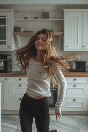 female dancing in a white kitchen in sunlightの素材