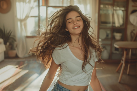 a young woman dancing in her living roomの素材