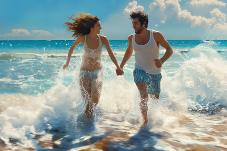 couple running into the water of the sea Wonder and Joy conceptの素材