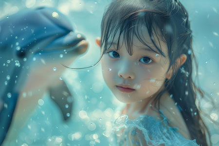 Chinese girl with dolphin splashing with water Wonder and Joy conceptの素材