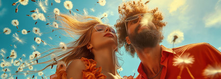 Western men and women Dandelion seeds flutter in the summer breeze. Wonder and Joy conceptの素材
