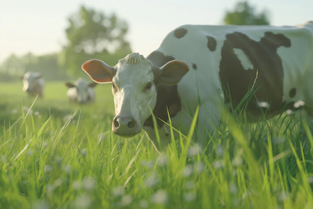 A cow in front of the camera on a bright day in a field of daisies cow on farm organic conceptの素材
