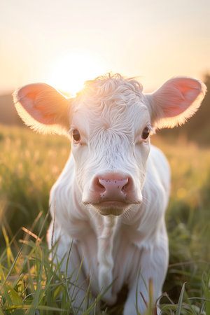 baby cow with a luminous green background cow on farm organic conceptの素材