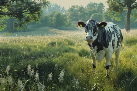 A cow with a luminous green background cow on farm organic conceptの素材