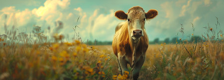 cow on the background of sky and green grass.cow on farm organic conceptの素材
