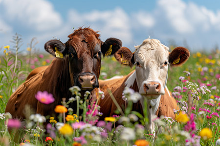 Chocolate-colored cow in front of the camera on a bright day in a field of daisies.cow on farm organic conceptの素材