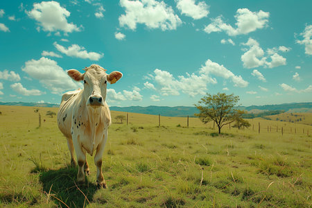 A beautiful Brazilian farm with dairy cows, clear blue sky cow on farm organic conceptの素材