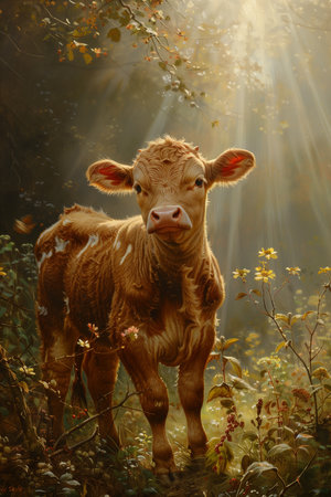 A Simmental cattle, a calf, Bright natural light.cow on farm organic conceptの素材
