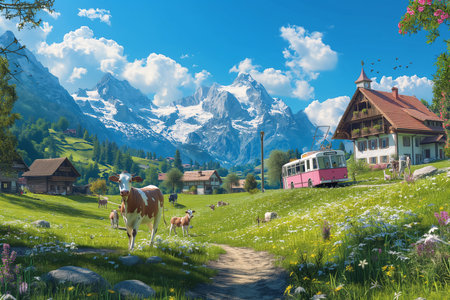 An Alpine village, cows grazing on green pastures.cow on farm organic conceptの素材