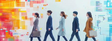 Business modern walk in a line on a digital floor, representing the new era of business.の写真素材