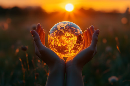 A pair of hands hold a globe glowing in a bright sunset.の写真素材