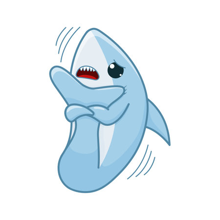 Scared blue shark cartoon character isolated on a white background. Vector illustration.のイラスト素材