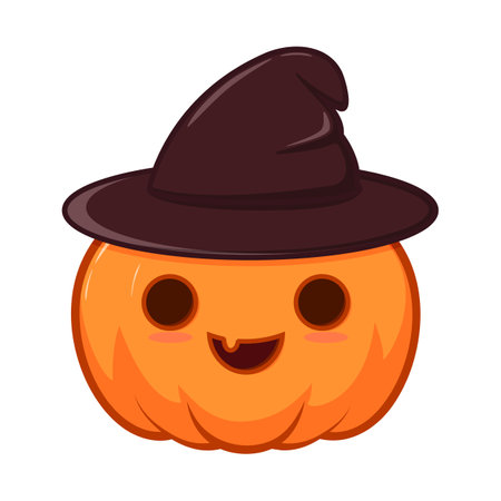 Cute Halloween pumpkin with witch hat on white isolated backgroundのイラスト素材