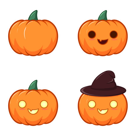 Carving a cute Halloween pumpkin with burning eyes and a witch's hat. Set of four pumpkins on an isolated white backgroundのイラスト素材