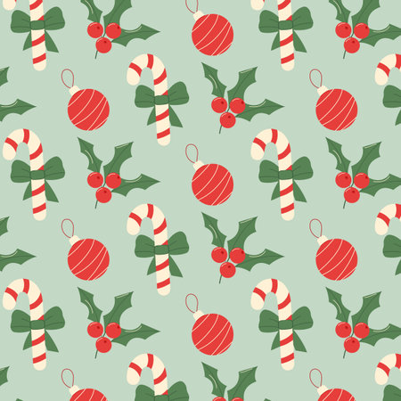 Seamless Christmas and New Year template with Christmas tree toy, caramel and mistletoe. Vector template.のイラスト素材