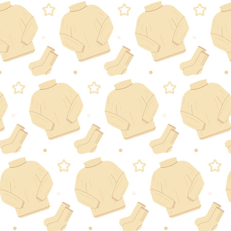 Seamless winter pattern with sweater and socks in beige colors. Seamless cute vector patternのイラスト素材