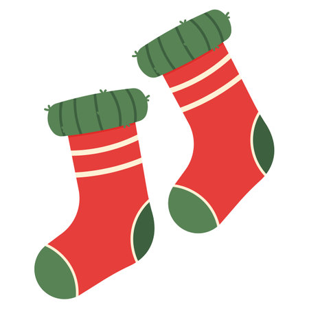 A pair of pink warm winter socks with pattern and pompons. Vector illustration of flat style cozy yarn socks. Winter clothing on an insulated white backgroundのイラスト素材