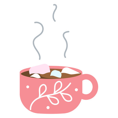 Hot coffee cup with marshmallows, pink with snowflake ornament and pattern of plant. Christmas greeting card design element. Isolated vector illustration.のイラスト素材