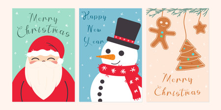 Ornate vertical winter holidays greeting cards with Santa Claus, snowman, cookies and typographic design in flat cozy styleのイラスト素材