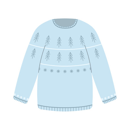 Winter cozy clothes. Blue sweater with herringbone and snowflake pattern in flat style. Flat illustration of knitted warm sweater without throatのイラスト素材