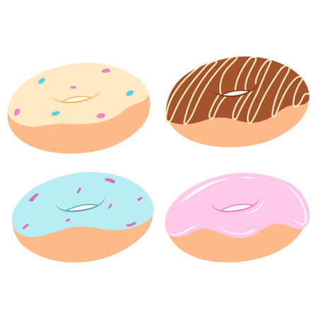 Donut vector set isolated on a white background in flat. Donut collection. Sweet sugar icing donuts. Break time with colorful donuts. Flat hand drawn sweet donutsのイラスト素材